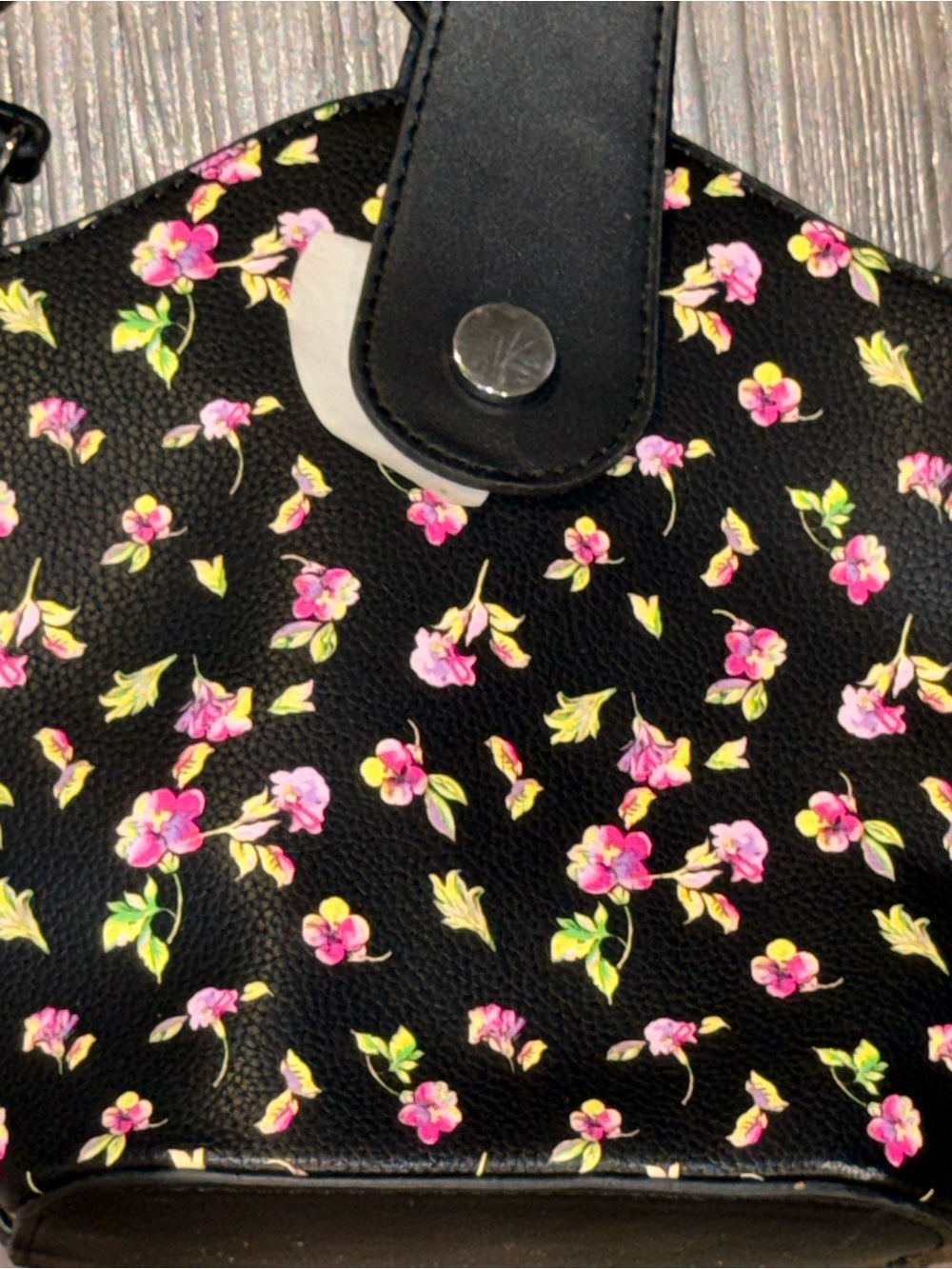 Floral Mini Bucket Crossbody Bag Black Pink Flower Print Purse - Picture 5 of 10
